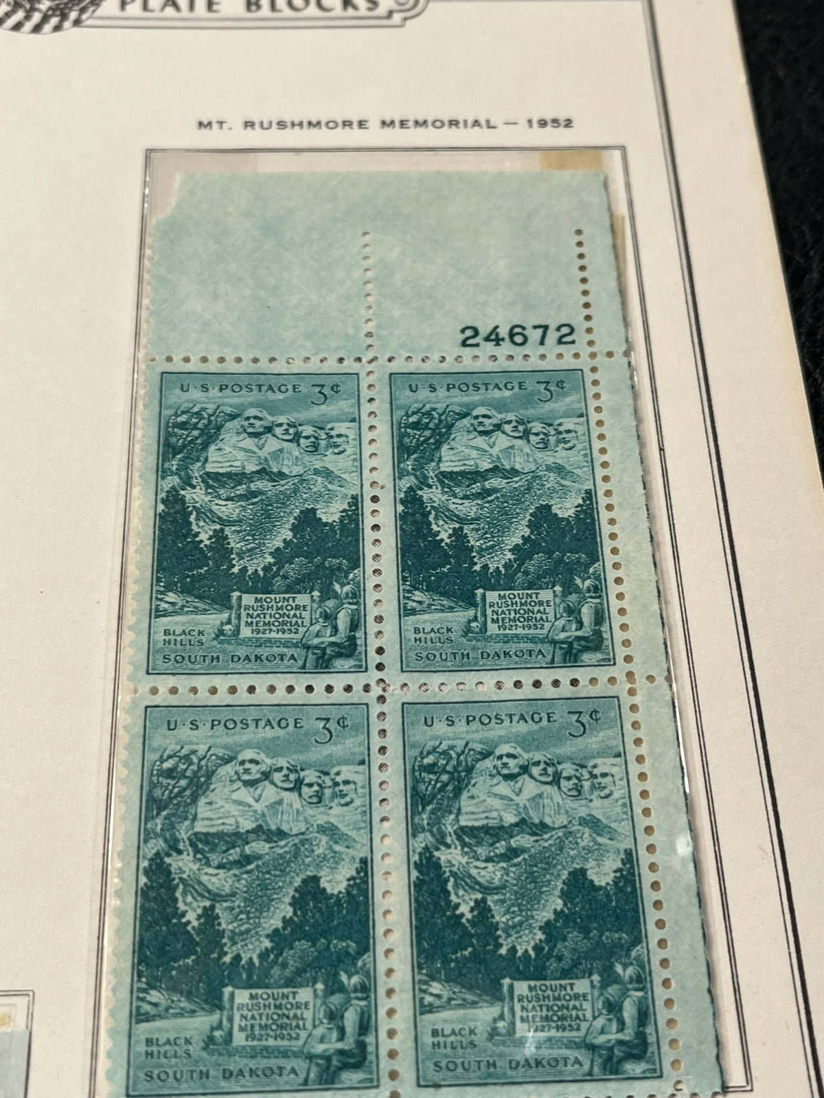 Mount Rushmore Plate block. MNH. 1952