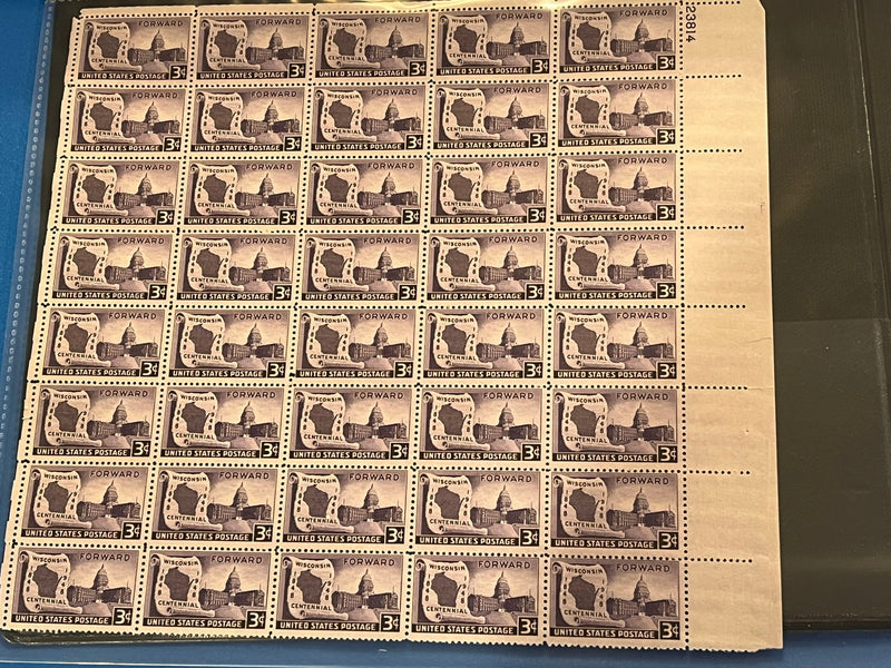 3c Wisconsin Centennial Mint Sheet