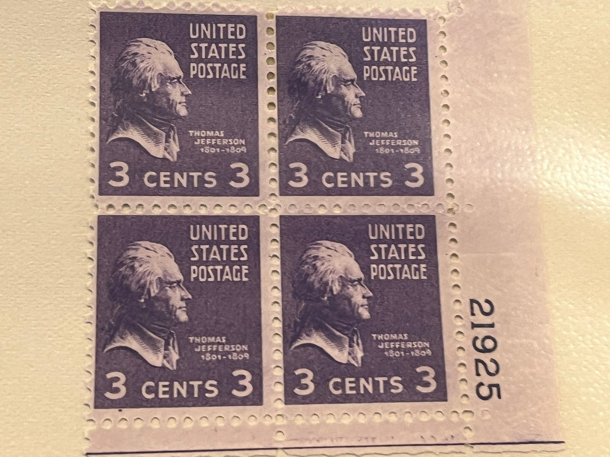 3c Thomas Jefferson block of 4 with edging