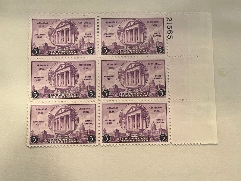 3c Arkansas Centennial block of 6