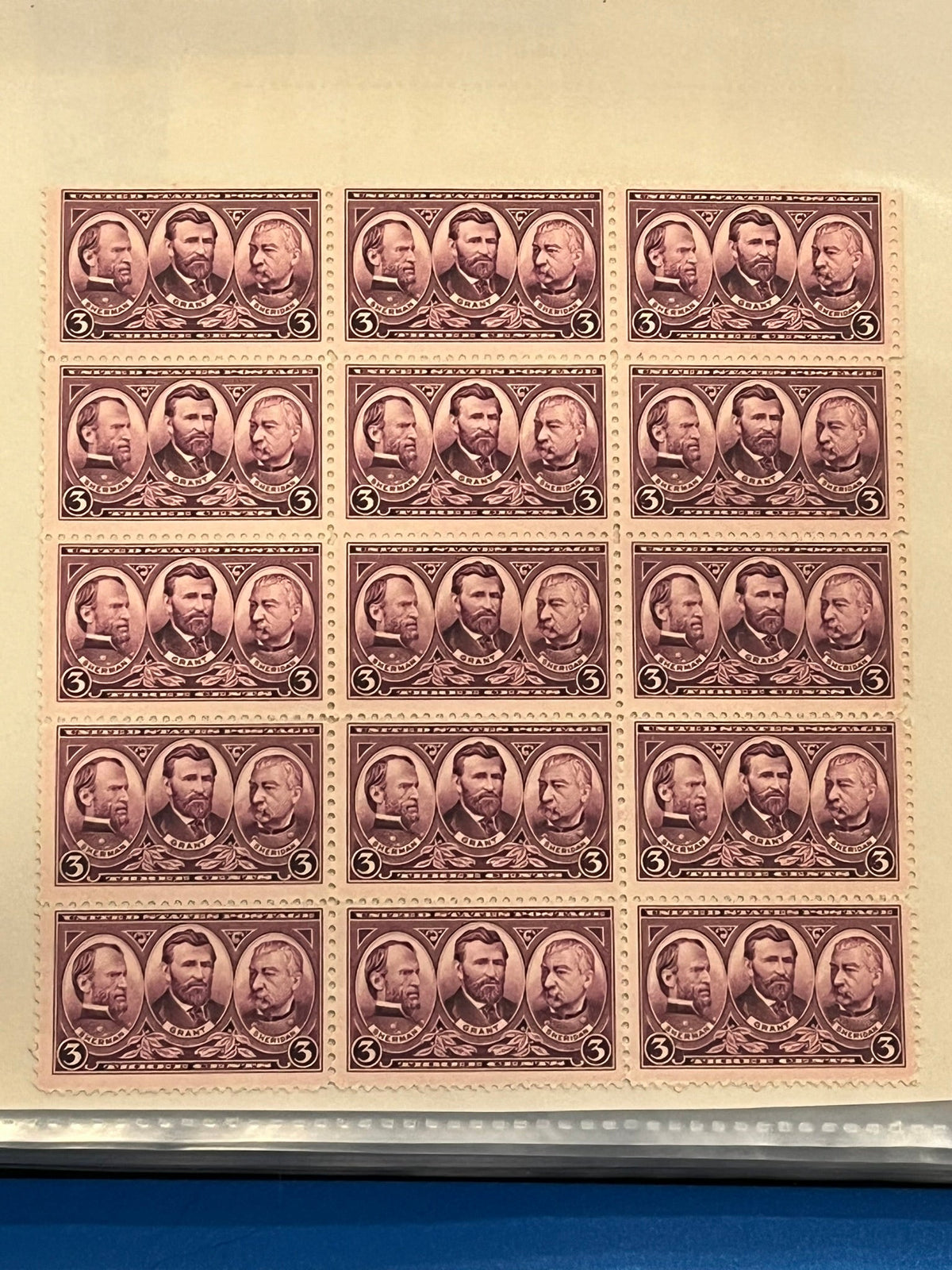 3c Sherman Grant Sheritan sheet of 15