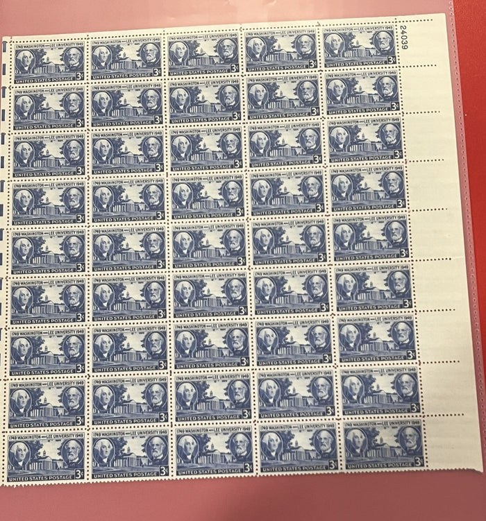 1949 3c Washington and Lee University Mint Sheet