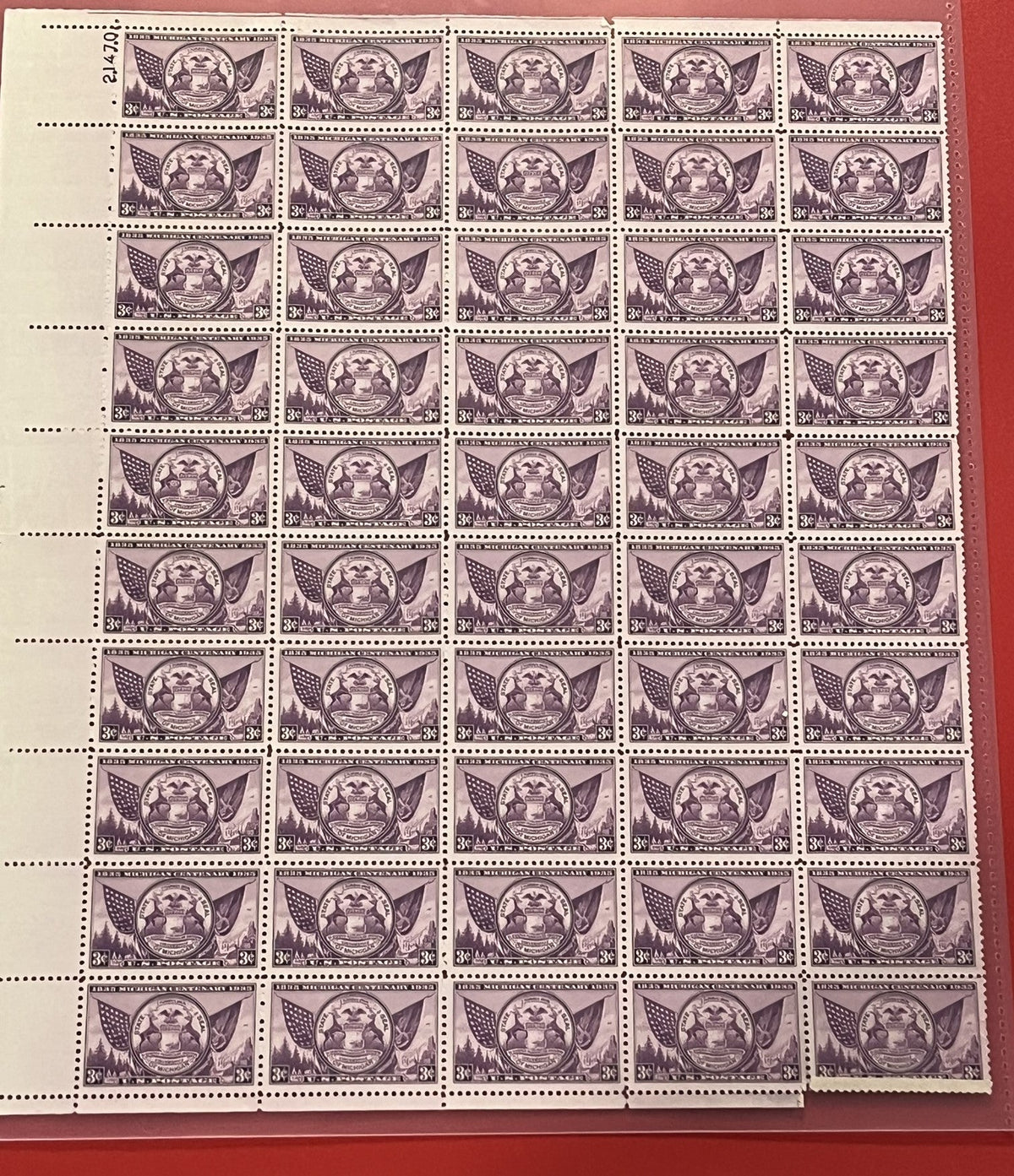 1936 3c. Michigan Centennary Mint Sheet