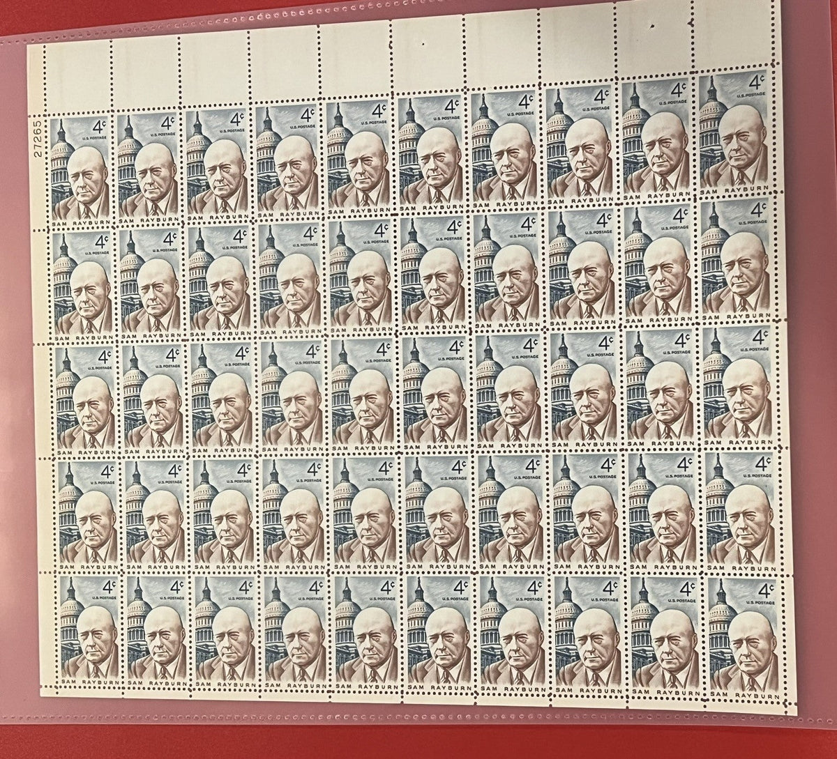 1962 4c Sam Rayburn Mint Sheet