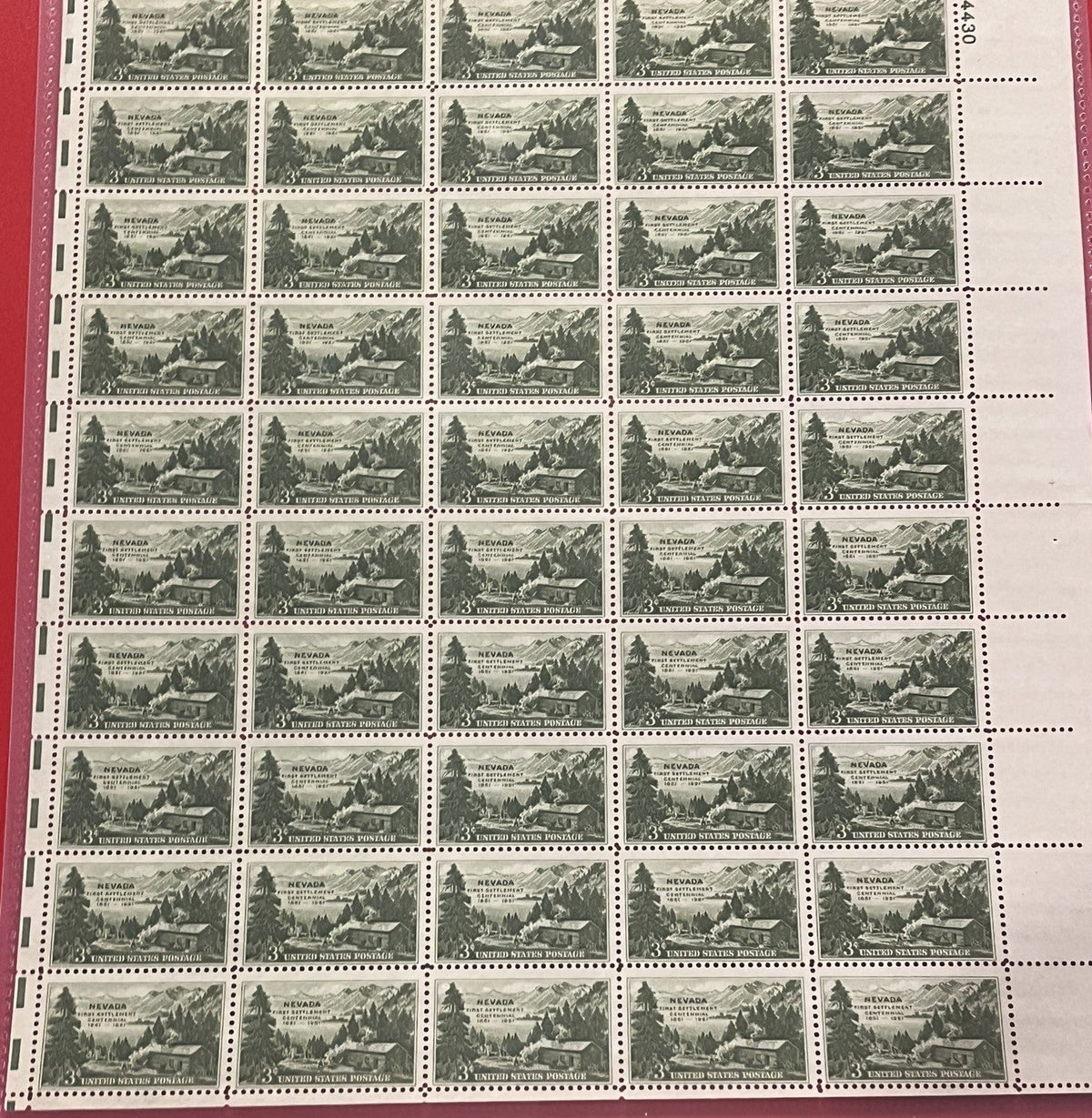 1951 3c Nevada Settlement Mint Sheet