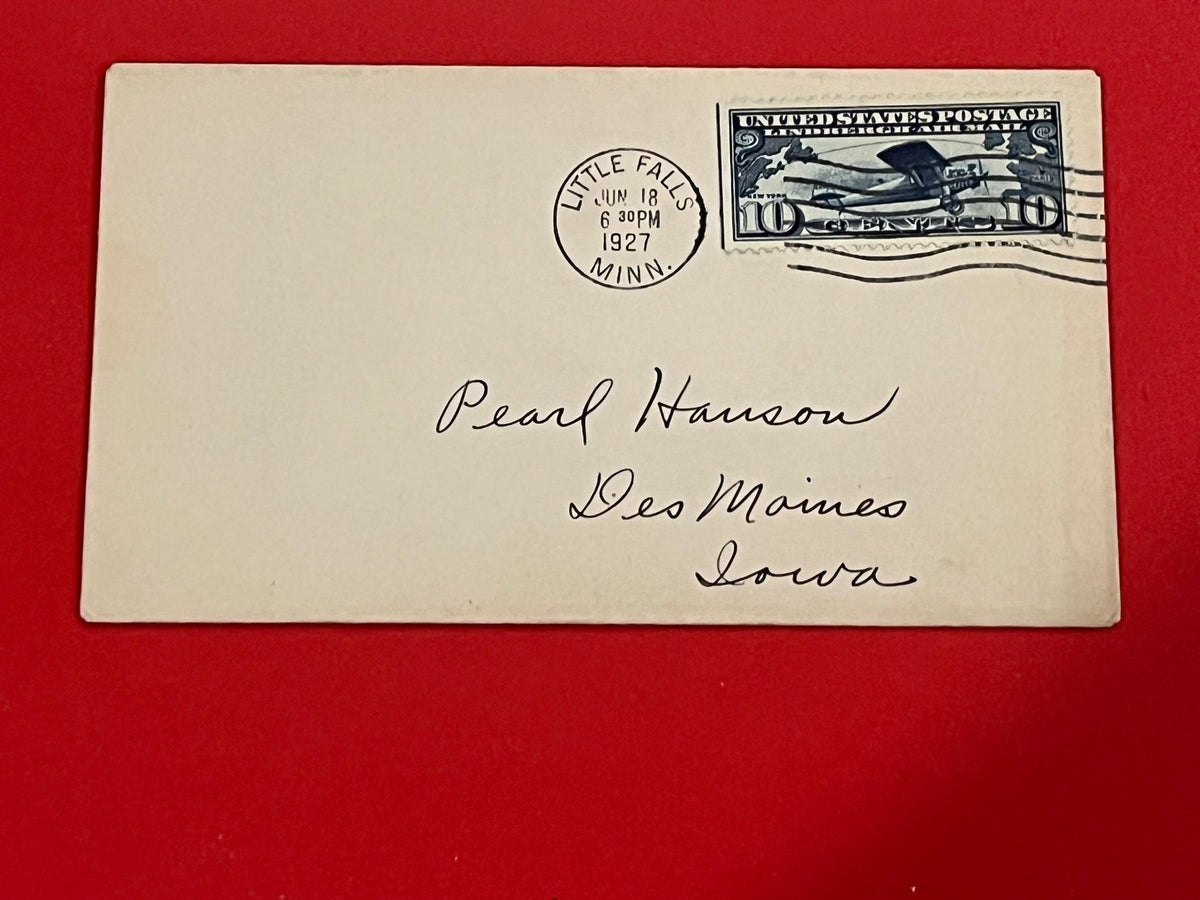 1927 Lindbergh 10c Air Mail. FDC. Cancelled from Lindbergh's home town of Little Falls Minnesota