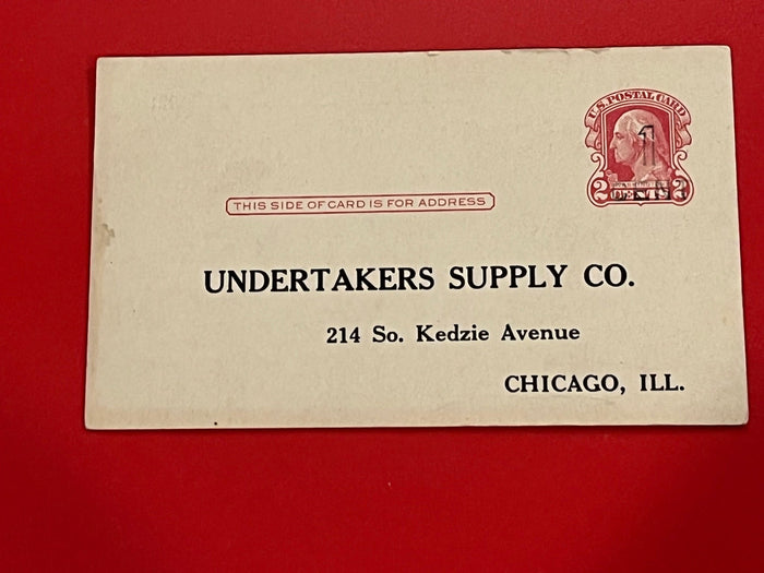 2c Red Washington Postcard with 1c Overstamp. Undertakers Supply Company.