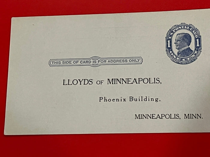 1c McKinley Postal Card. From the Minneapolis office of "Lloyd's of London." .