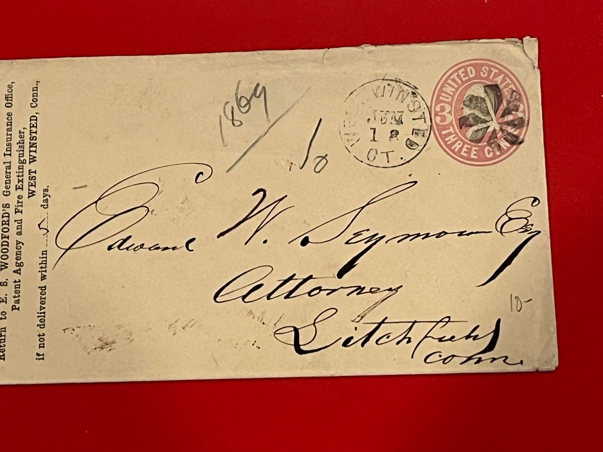 1869 3c Washington  Envelope. Postmarked  West Winsted, Conn. Fancy Cancel