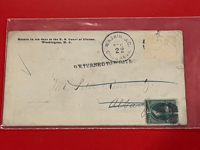 1870 3c Washington . From the U.S. Court of Claims. Washington D.C. Stamped "Returned to Write. Postmarked Washington D.C. Congress. Fancy Cancel