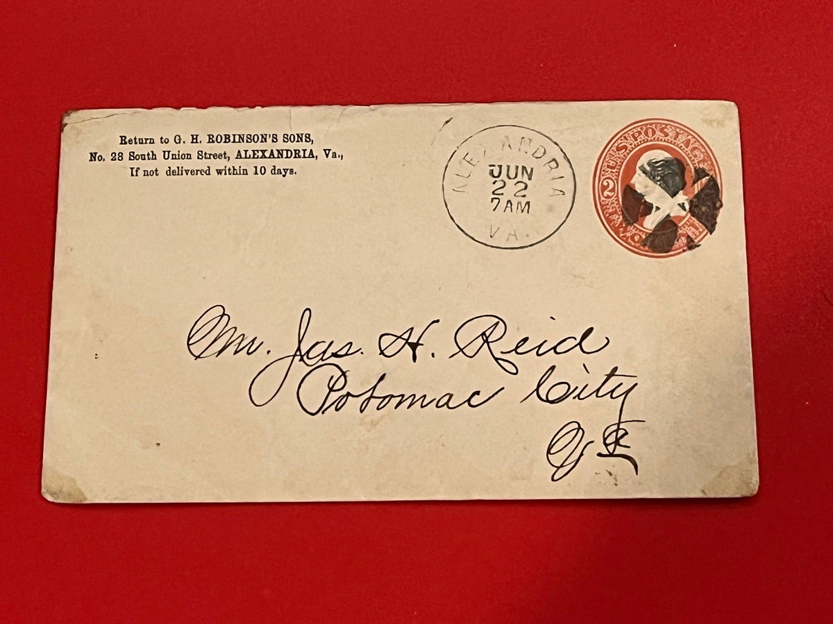 2c Red Washington stamped envelope. Postmarked Alexandria, Va.