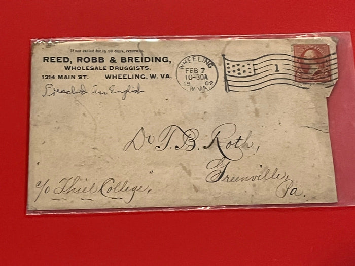 1902 2c Washington. Wheeling W. Va. Fancy  Patriotic Cancel. Decorative back of envelope.