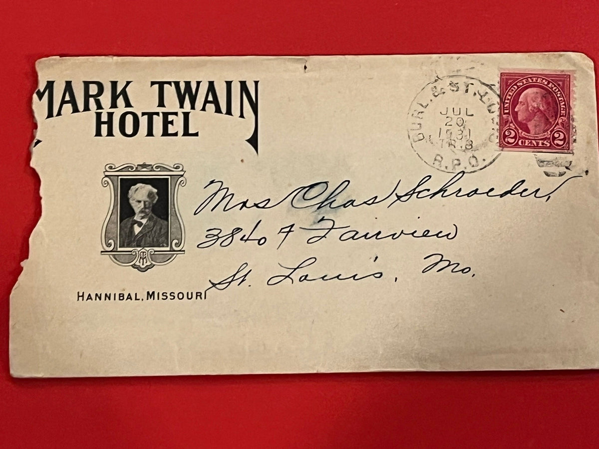 1902 2c Washington. Envelope from the Mark Twain Hotel in Hannibal Missouri. Love letter inside.. Burlington and St. Louis RPO.