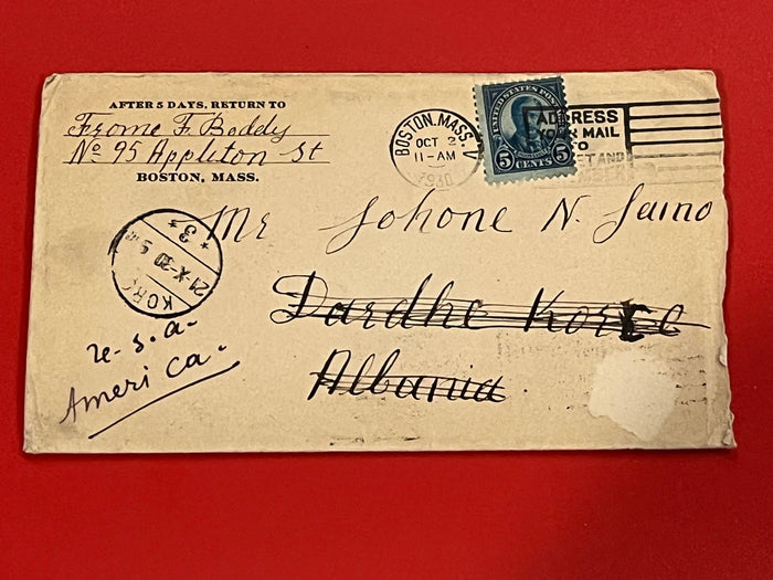 1928 5c Roosevelt. Sent to Albania. Includes 2 page letter in Albanian. Postmarked Boston  & Korce Albania.