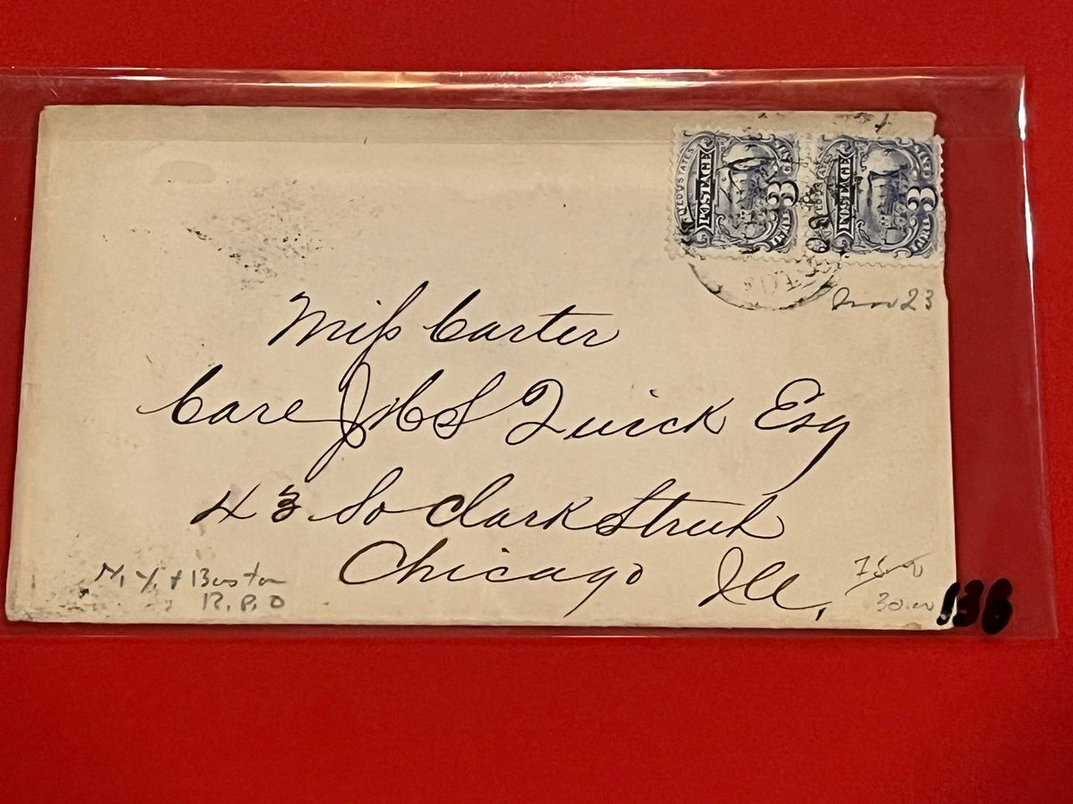 1869 3C Locomotive with N.Y. & Boston RPO. Two stamps.