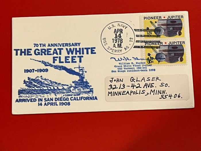 10c Pioneer Jupiter stamps. USS Sperry AS-12 cancel on Great White Fleet envelope