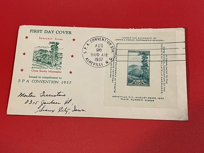 10c Great Smokey Mountains FDC. Issued in compliment to SPA Convention 1937. SPA Convention cancel.