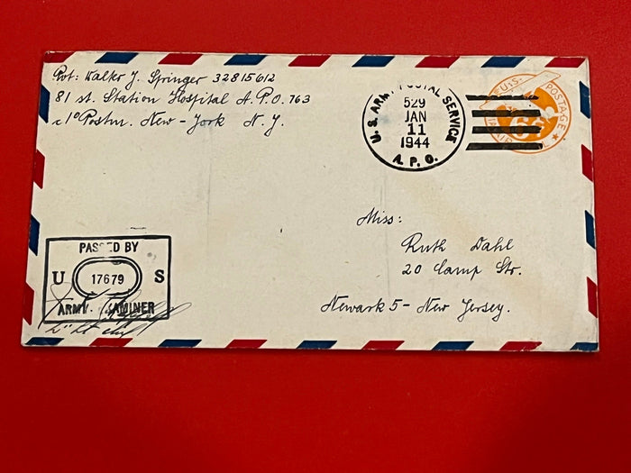 6c Air Mail cover. 1944 US Army cancel & Censor Stamp.