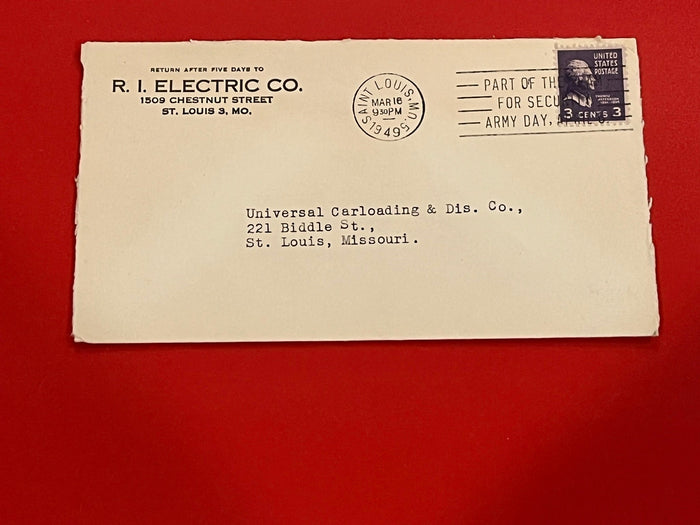 R.I. Electric - St. Louis cover. 1949 Army Day fancy cancel