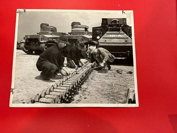 Repairing Tank Treads. WWII. 1942. Official Army Photo.