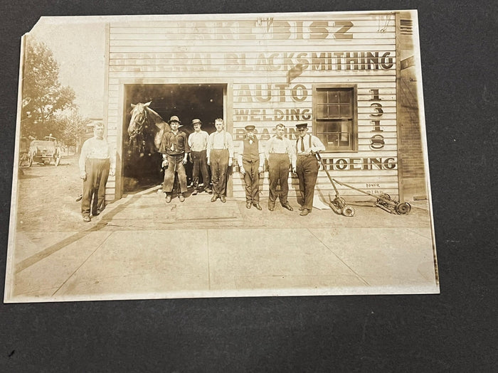 Jaeke Bisz General Blacksmithing and Auto Welding. Cabinet card. 1910ca.